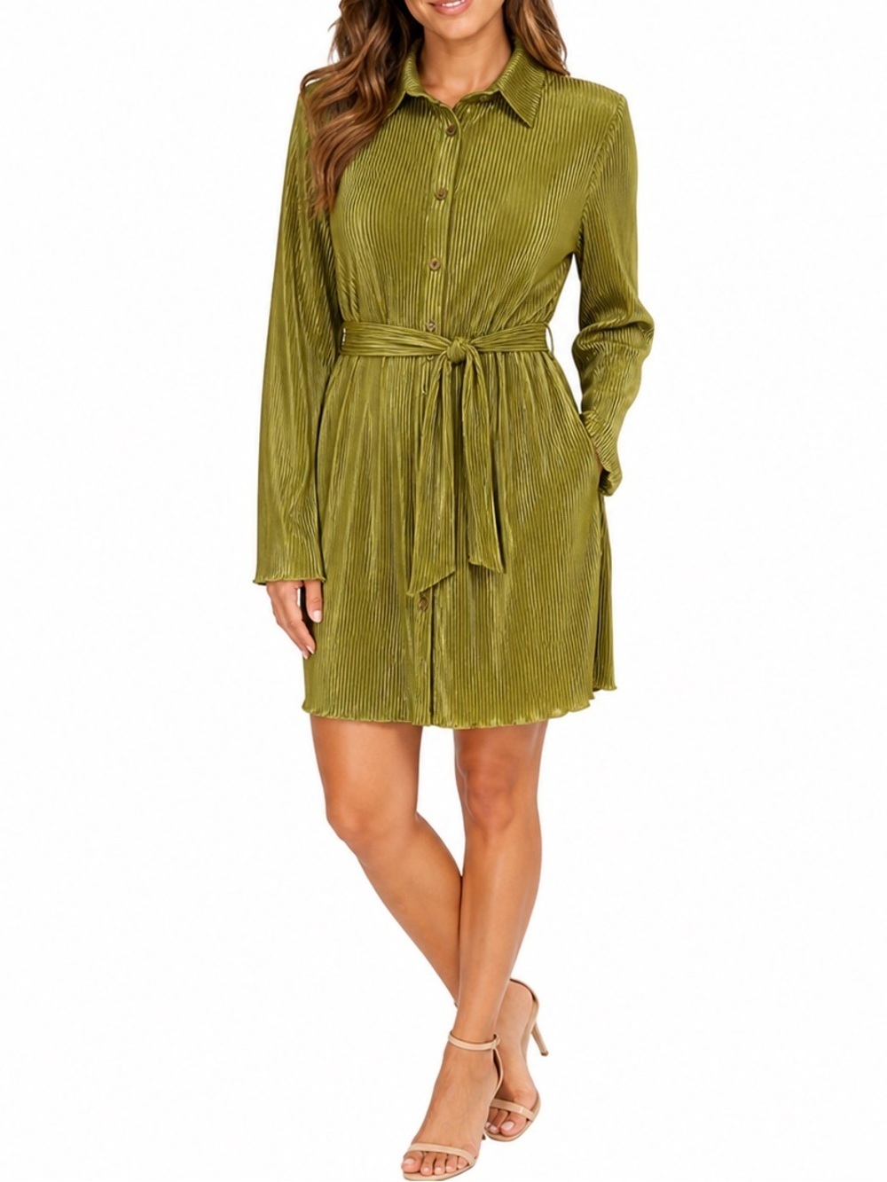 Olive Green Pleated Shirt Dress | Belted | Elevated Minimalist | XL
